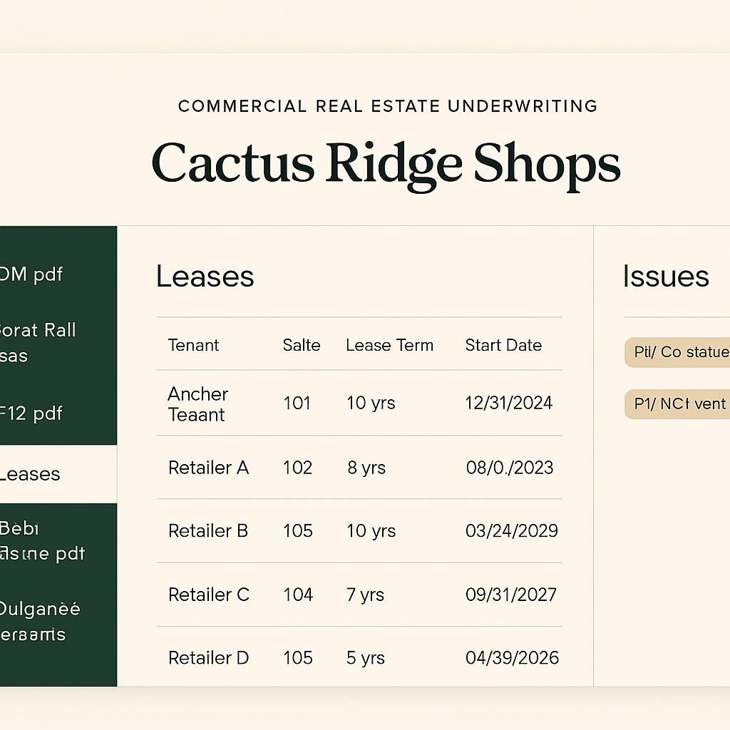 Cactus Ridge Shops deal room showing parsed documents and a list of surfaced issues